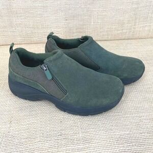 Lands End Womens All Weather Suede Leather Mocs Green‎ Side Zip Shoes 501816 7B